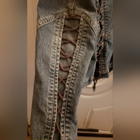 Elie Tahari Corset Lace Up Red Piped Denim Jacket Size Large - Picture 6 of 13